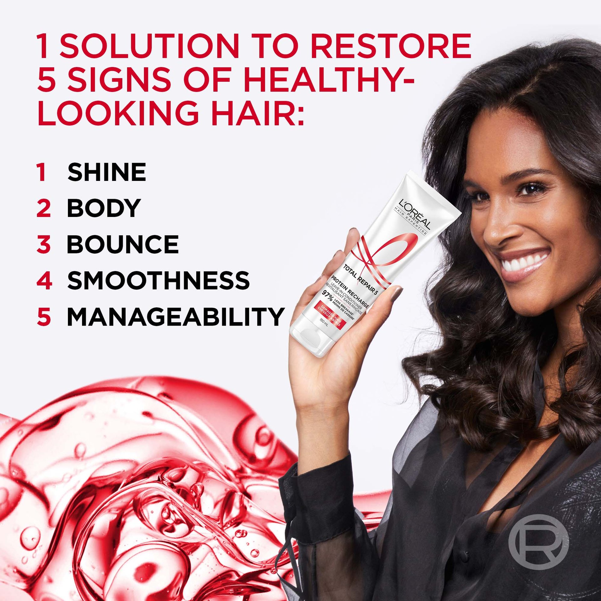 A woman with leave-in conditioner and healthy-looking hair